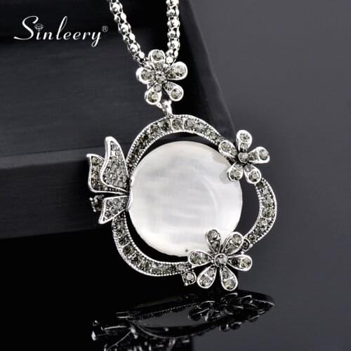 SINLEERY Vintage Grey Cubic Zircon Flower Big Round Opal Pendant Necklace Antique Silver Color Long Chain Jewelry MY108 SSK