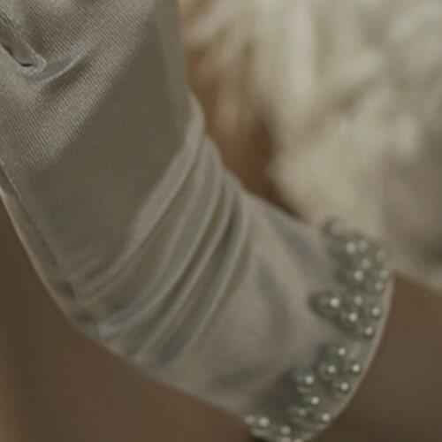 Wedding Bridal Satin Short Gloves Pearl Beaded Prom Mittens
