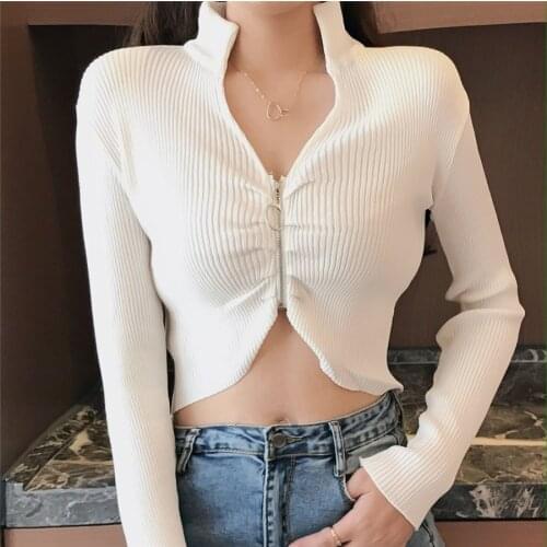 Turtleneck Zipper Sweater Women Spring Autumn Ribbed Knitted Cardigans Crop Top Design Tee Sexy Female Slim Elastic Knitwear Top