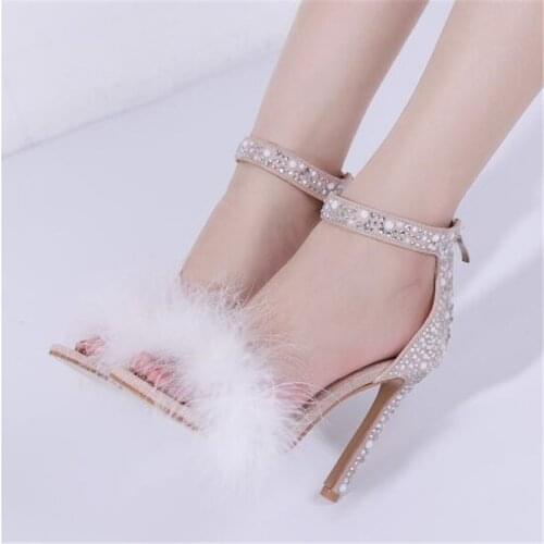 Women sandals Flock Slip On 8CM Thin Heels High heels Round Toe Rhinestones rivet Shallow sandal women shoes 2020 size 35-42