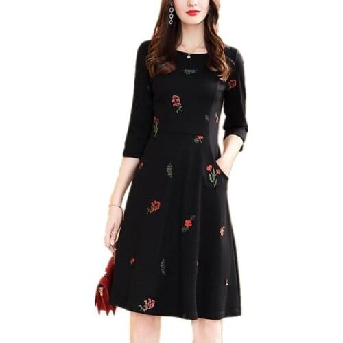 Fashion slim slimming embroidered dress womens new elegant temperament embroidery spring and autumn black Dresses