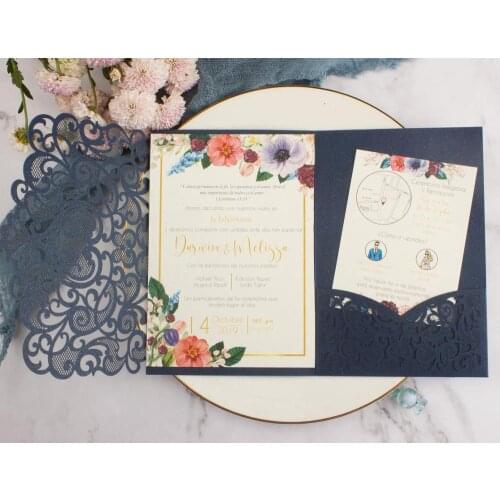 1pcs Wedding Invitation Cards Burgundy Navy Blue Flower Tri fold Glitter Laser Cutting pocketfold invite Envelope free shipping