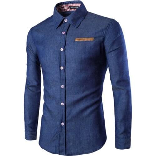 2018 New Mens Brand Shirt Pocket Fighting Leather Shirt Long-Sleeve Fashion Casual Slim Men Dress Shirt Camisa Masculina M-3XL