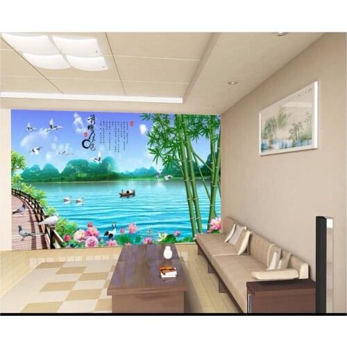 Custom 3d wallpaper 3d wall murals wallpaper Lotus pond in the moon lotus wooden bridge landscape murals living room deocr