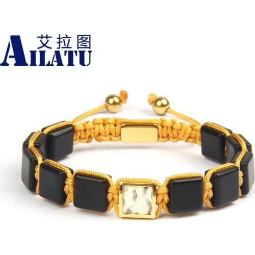 Ailatu New Luxury Skin Python Leather Bracelet Matte Onyx Square Beads Top Quality Mens Jewelry Rope Chain Copper Jewelry