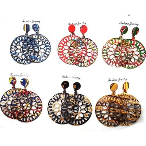 Free Shipping!2021Round fabric flower wooden Drop stud earrings can mixed colors