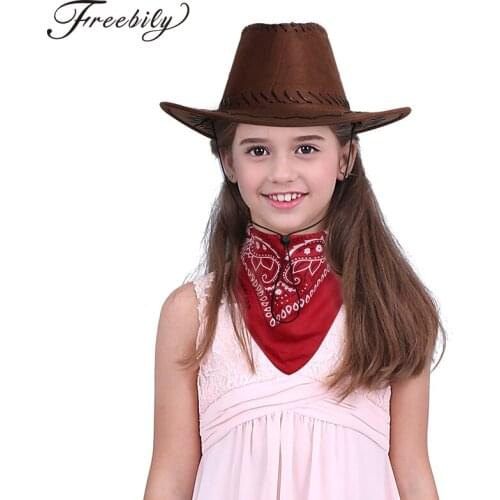 Kids Boys Girls Western Cowboy Drawstring Hat with Bandanna Halloween Party Costume Dress Up Accessories 2Pcs Set