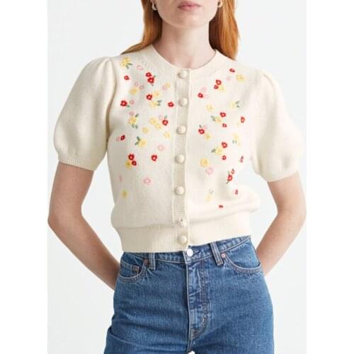 Crocheted Multicolored Flowers Women Short Knit Cardigan Ladies 2021 Autumn Single-Breasted Puff Sleeve Sweater Knitweat Tops