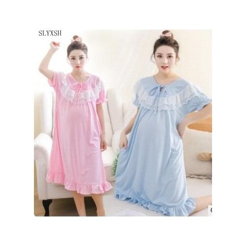 Summer loose pregnant women sleep skirt short-sleeved cotton nursing women summer postpartum breastfeeding month home service