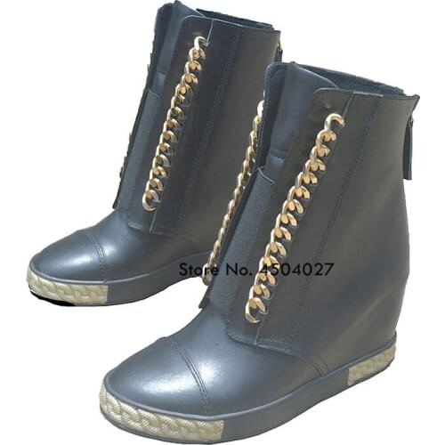 Fashion Gold Chain Women Ankle Boots Autumn Platform Boots Hidden Increasing 8 CM Heels Wedge Boots Woman Short Boots Shoes