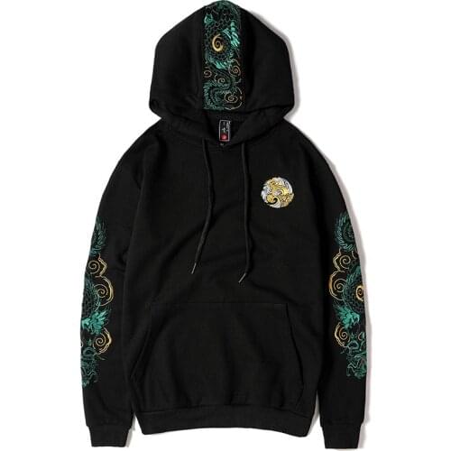 Fashion 2019 Style Dragon Embroidery Hoodies Men 100%Cotton Fashion Long Sleeve Black Hoodie