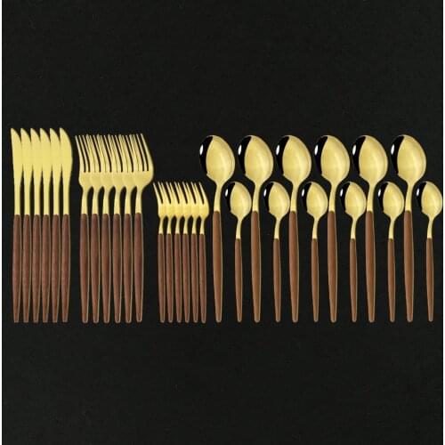 30Pcs Wooden Handle Dinnerware Set Stainless Steel Gold Flatware Cutlery Dinner Tableware Knife Cake Fork Spoon Silverware Set