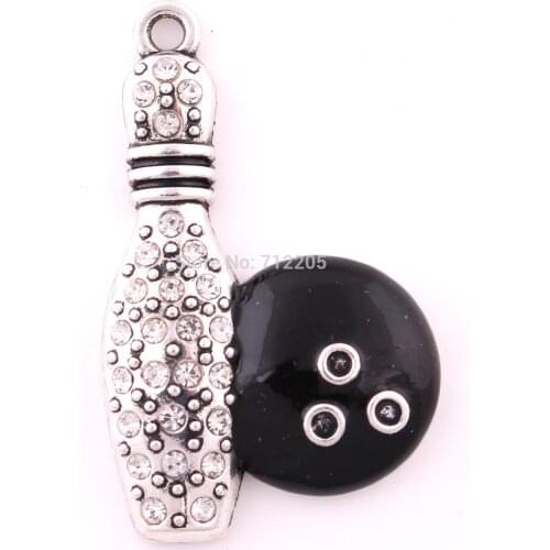 New 20pcs a lot Antique silver plated zinc studded with sparkling crystals Bowling Pin and Ball Crystal Pendant
