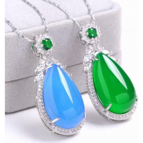New Style Ethnic Luxury 925 Sterling Silver Necklaces For Women Water Drop Natural Green Blue Jade Pendants Necklaces Jewelry