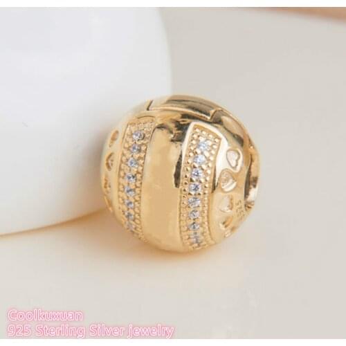 Autumn Authentic 925 Sterling Silver Brand Logo Hearts Clip, Yellow color & Clear CZ Beads Fit Brand Charms Bracelet DIY