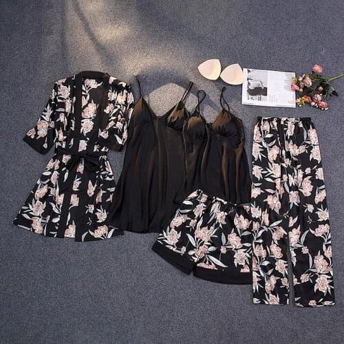 Print Pajamas Set Silky Women 5 Piece Sleepwear Satin Lace Sleep Pyjama Lounge with Belt Chest Pads Sexy Strap Home Nightwear