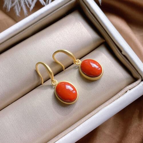Natural South Red Earrings S925 Sterling Silver Mosaicagate Hetian Jade Earrings Womens Oval Agate Jade Jewelry