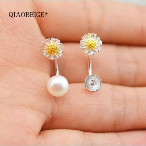 QIAOBEIGE Creative Solid 925 Sterling Silver Crystal Stud Earring Findings For DIY Jewelry Making Daisy flower Pearl Accessory