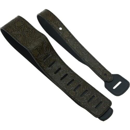 KAISH PU Leather Adjustable Acoustic Electric Guitar Bass Wide Strap Brown Flower Embossed Strap