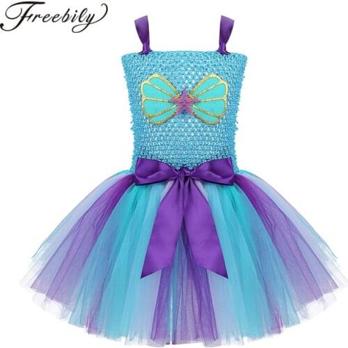 Mermaid Mesh Tutu Dress for Girls Halloween Birthday Party Princess Costume Handmade Sleeveless Scallop Applique Kids Dresses