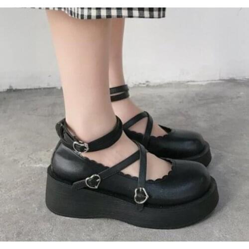Mary Jane Black Leather Shoes Women Vintage Soft Sister Girls High Heel Waterproof Platform College Student Cosplay Costume Shoe
