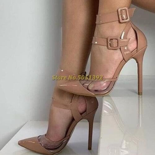 Nude patent leather High Heel Shoes Sexy Pointed Toe PVC Patchwork Ankle Strap Pumps Woman Dress Shoes