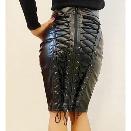 Women Knee Length Skirt Fashion Faux Leather High Waist Skirts Back Zipper Punk Pencil Skirt Femme