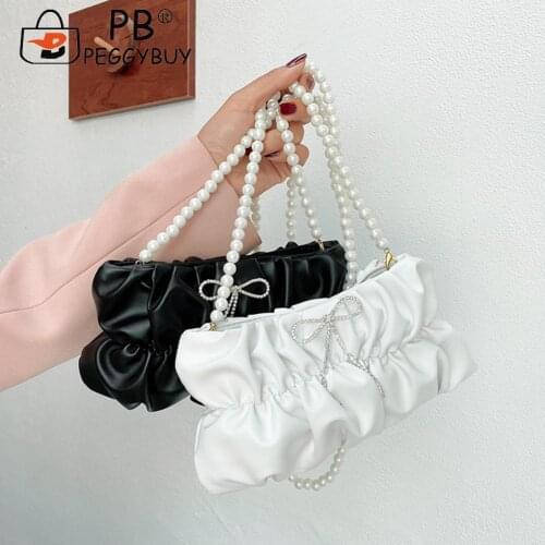 Retro Rhinestone Bow Pleated Shoulder Bag for Women Pearl Chain PU Cloud Messenger Bags Female Solid Color Cloud Handbag