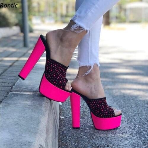Rontic Handmade Women Platform Mules Sandals Rhinestone Unisex Block Heels Open Toe Gorgeous Fuchsia Party Shoes US Size 5-20