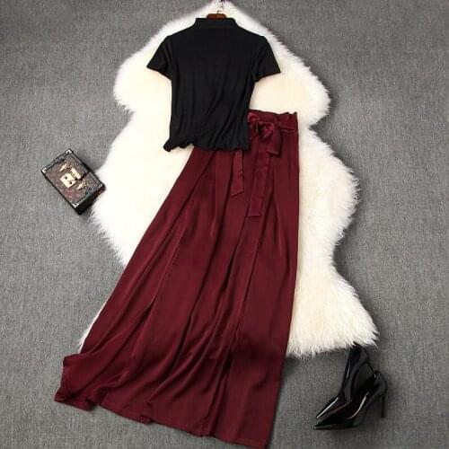 Women floor length long skirt suit summer 2020 short sleeve turtleneck lurex tops black T-shirts red skirts sexy two piece set