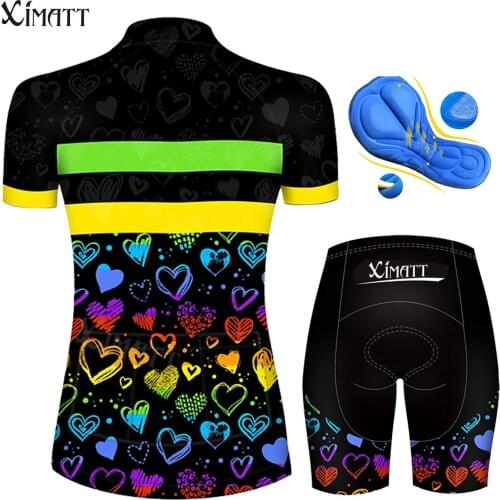 Womens Short Sleeve Cycling Jersey Set Summer Polyester Black / Yellow Heart Gradient Bike Clothing Suit Quick Dry Breathable