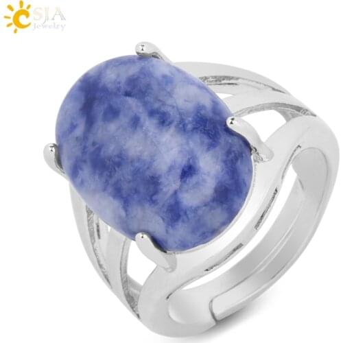 CSJA Egg Shape Natural Stone Rings for Women Adjustable Opening Silver Color Anniversary Party Finger Ring Oval Reiki Beads F550