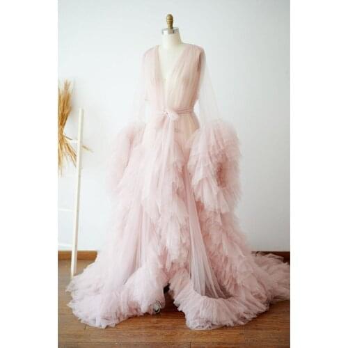 Nude Pink Ruffles Prom Gowns Tulle Maternity Women Dresses 2020 To Photoshoot Puffy Long Sleeves Robe Nightgown