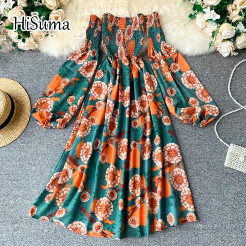 2021 spring new women slash neck puff sleeve print chiffon fairy A-line dress female Chic waist slim vacation beach dresses