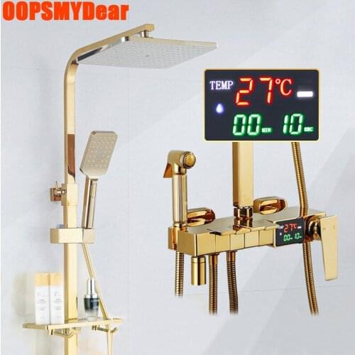 Gold Digital Bath Shower Set Bathroom Hot Cold Thermostatic Shower System Wall Mount SPA Rainshower Faucet Bathtub Piano Grifos
