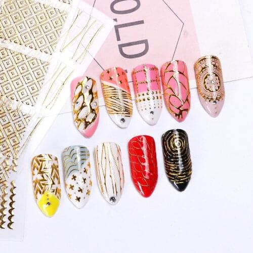 1pcs Nail Sticker French Art Floating Gold Hot Stamping Checkered Twill Stripes Wave Geometric Elements 3D Nail Art Decoration