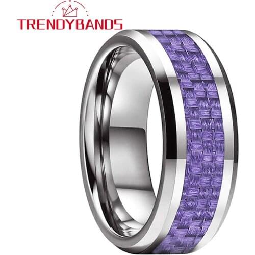 8MM Mens Womens Tungsten Engagement Rings Wedding Bands With Purple Carbon Fiber Inlay Beveled Edges Comfort Fit