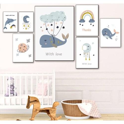 Dolphin Shark Sun Moon Rainbow Cloud Stars Wall Art Canvas Painting Nordic Posters And Prints Wall Pictures Baby Kids Room Decor