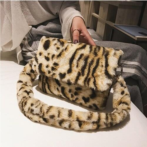 HISUELY New Women Winter Faux Fur Shoulder Bag Handbag lady Leopard print Handbag Female Party Small Girls Tote Christmas Gift