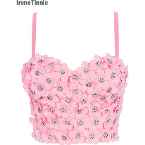 Irene Tinnie Sexy Tops Diamond Beading Flowers Tops Push Up Womens Holiday Corset Bustier Bra Night Club Party Cropped Top Vest