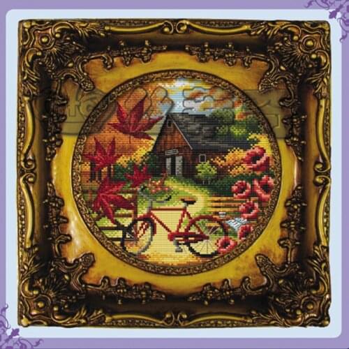 Beautiful counted cross stitch kit Autumn Scenery Flaming Fall Maple Leaf Leaves Cottage House Home dome 100104