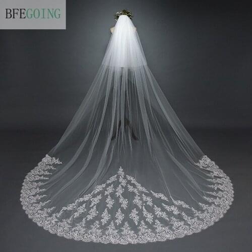 Ivory/White Lace Appliques Long Wedding Bridal Veil with a comb for A Cathedral Train / Chapel Train