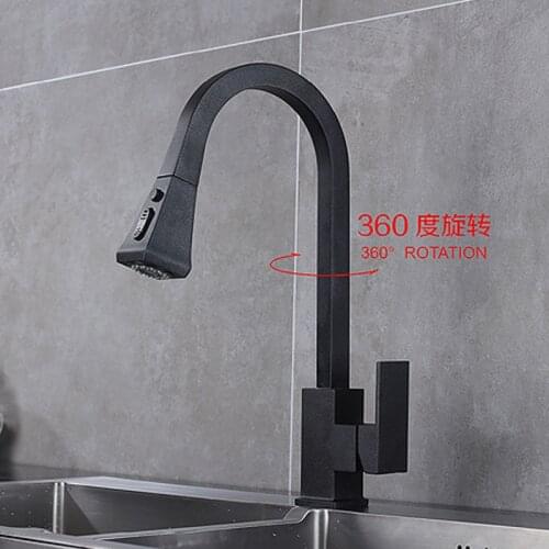 Copper square pull-out kitchen faucet, hot and cold water tank sink, dual-mode matte black faucet
