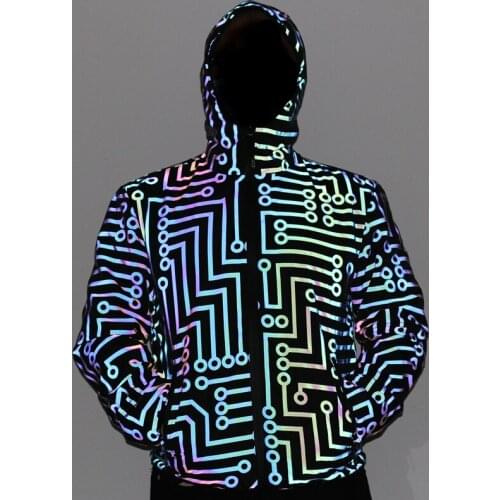 Drop shiper geometric circuit colorful reflective jackets men sportswear hip hop mens casual hooded windbreaker chaquetas hombre