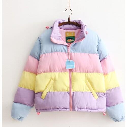 LoliBook Winter Thicken Rainbow Contrast Womens Down Jacket Loose Padded Student Winter Coat Women Warm College Parka Female