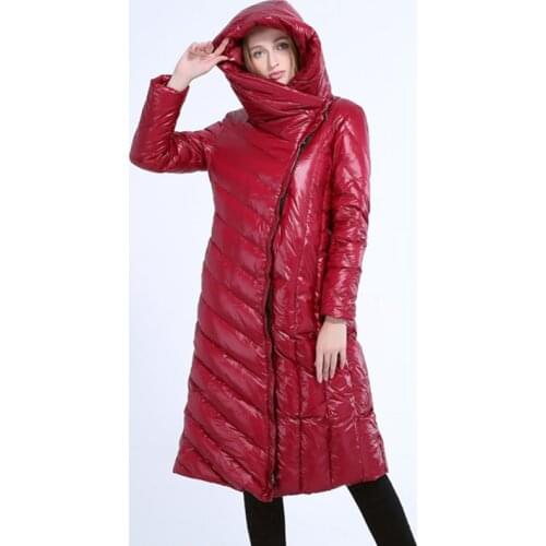 Winter Women Feather Coat Warm Outerwear Bright Long Puffer Jacket Hooded Slim Plus Size White Duck Down Parka Snow