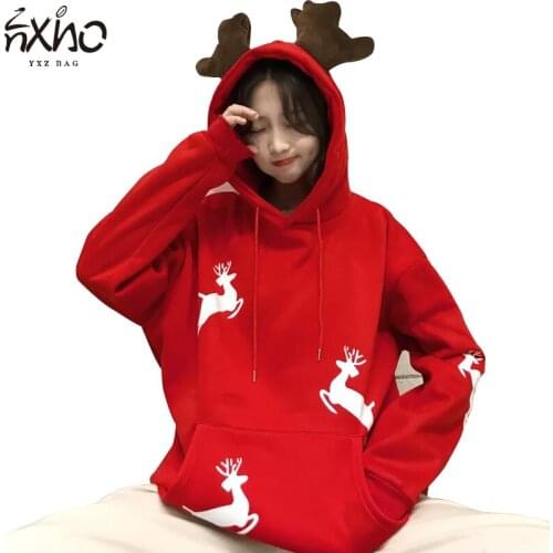 Christmas Gift Women Tops Clothes Cute Christmas-Elk Pattern Hooded Pullover Thick Girl Loose Ins Chic Casual Festival New Year
