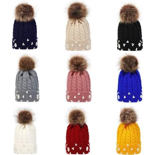 Autumn Winter Pearl Infant Twist Knitted Skull Cap With Faux Hair Pompom Ball Beanie Hat For Children Baby Girl Boy