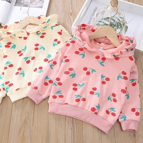 2019 Autumn Toddler Girls Sweatshirts Casual Long Sleeve Cherry Print Wood Ear Hooded Pullover Tops 1-7Yrs Little Girls Clothes