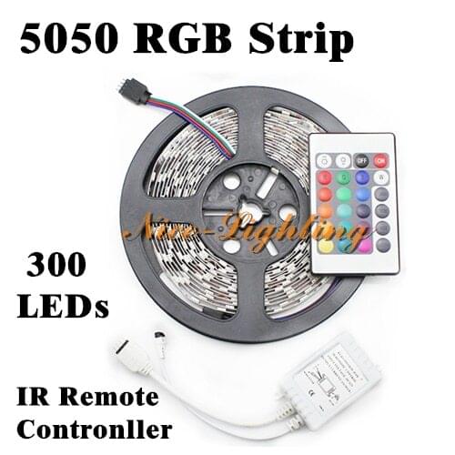 5M/roll Waterproof SMD 5050 Flexible Led Strip, DC 12V RGB Color Indoor Decoration Light Stripe + 24Keys IR Remote Controller